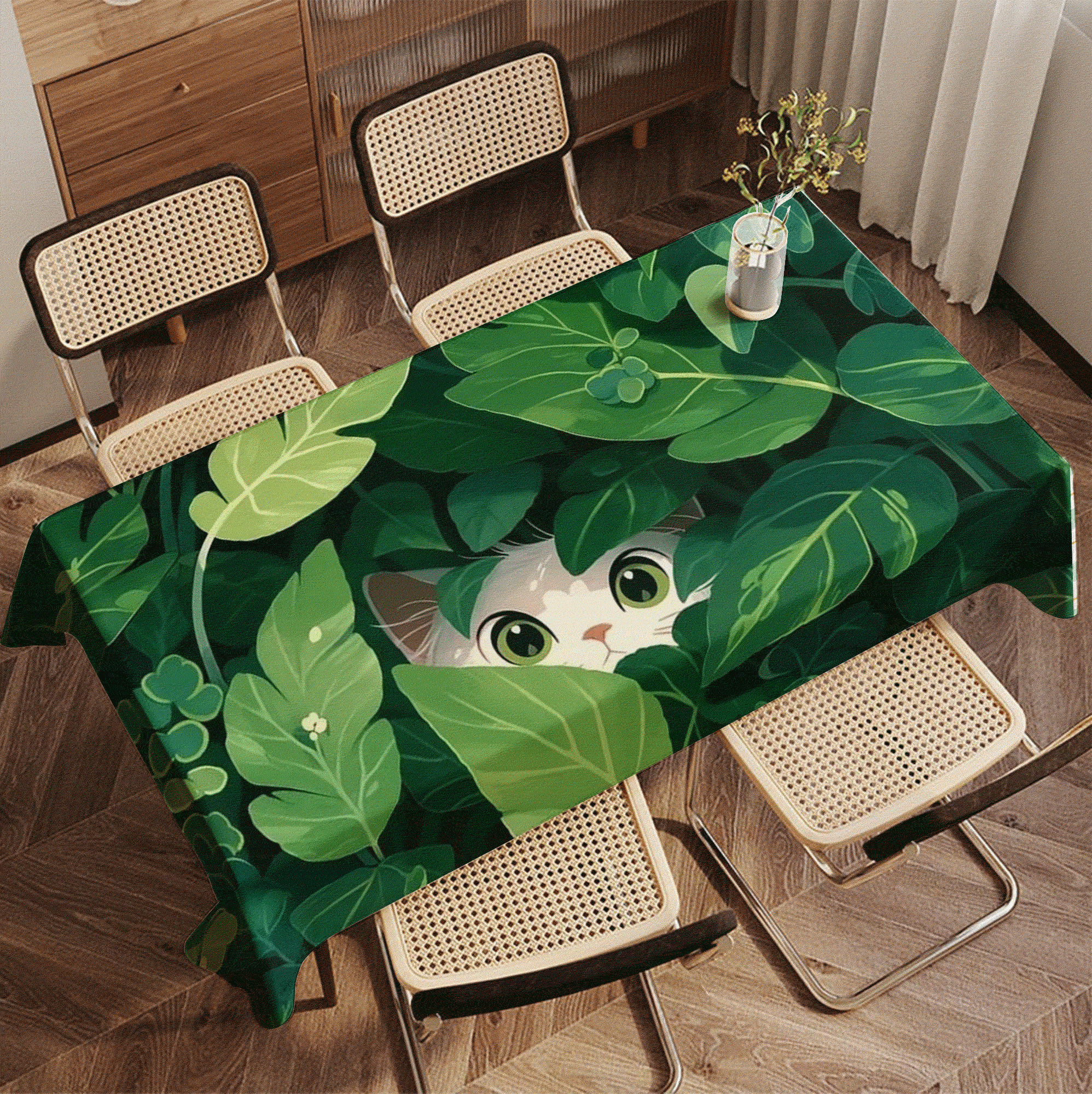 绿叶猫咪桌布