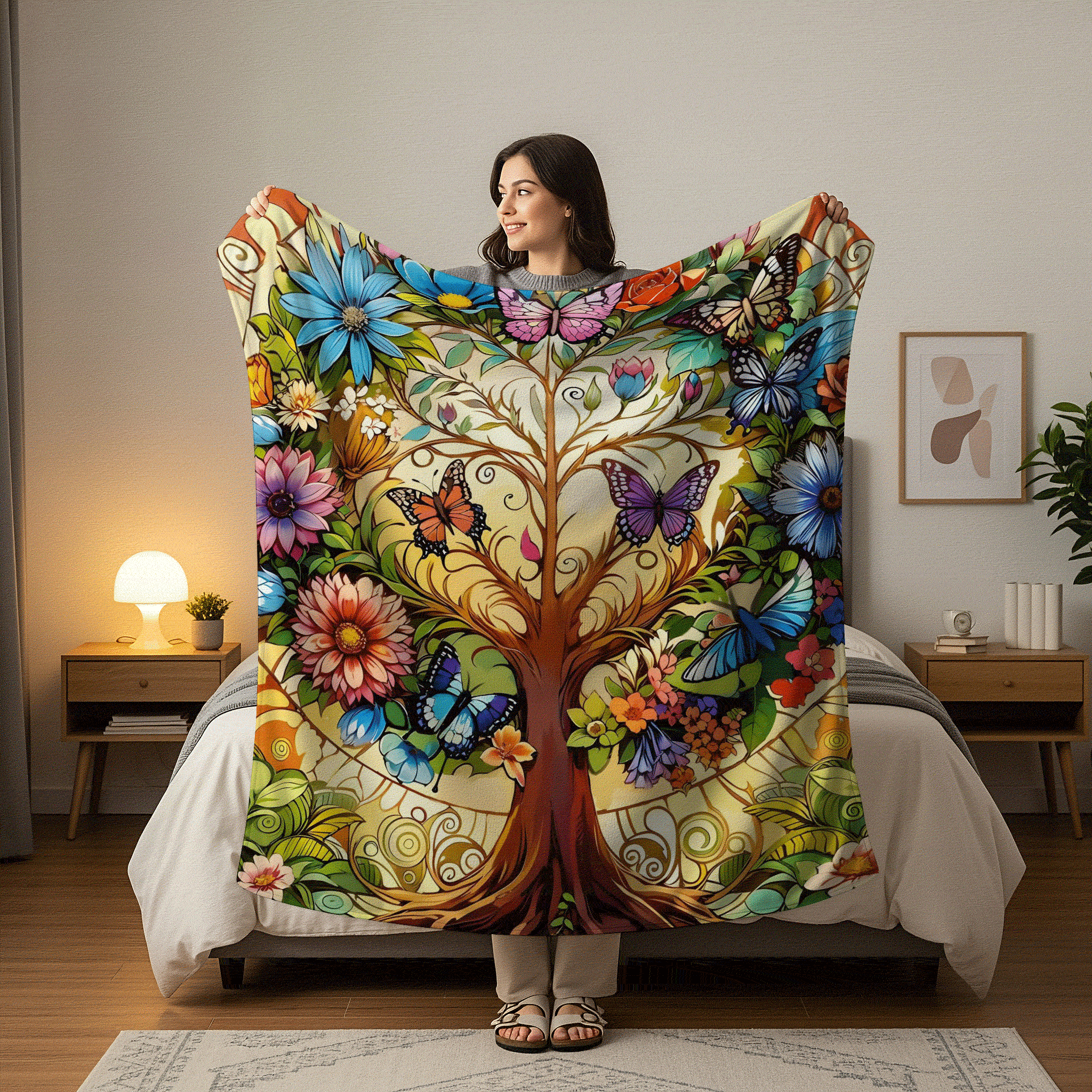 花卉蝴蝶树图案毛毯