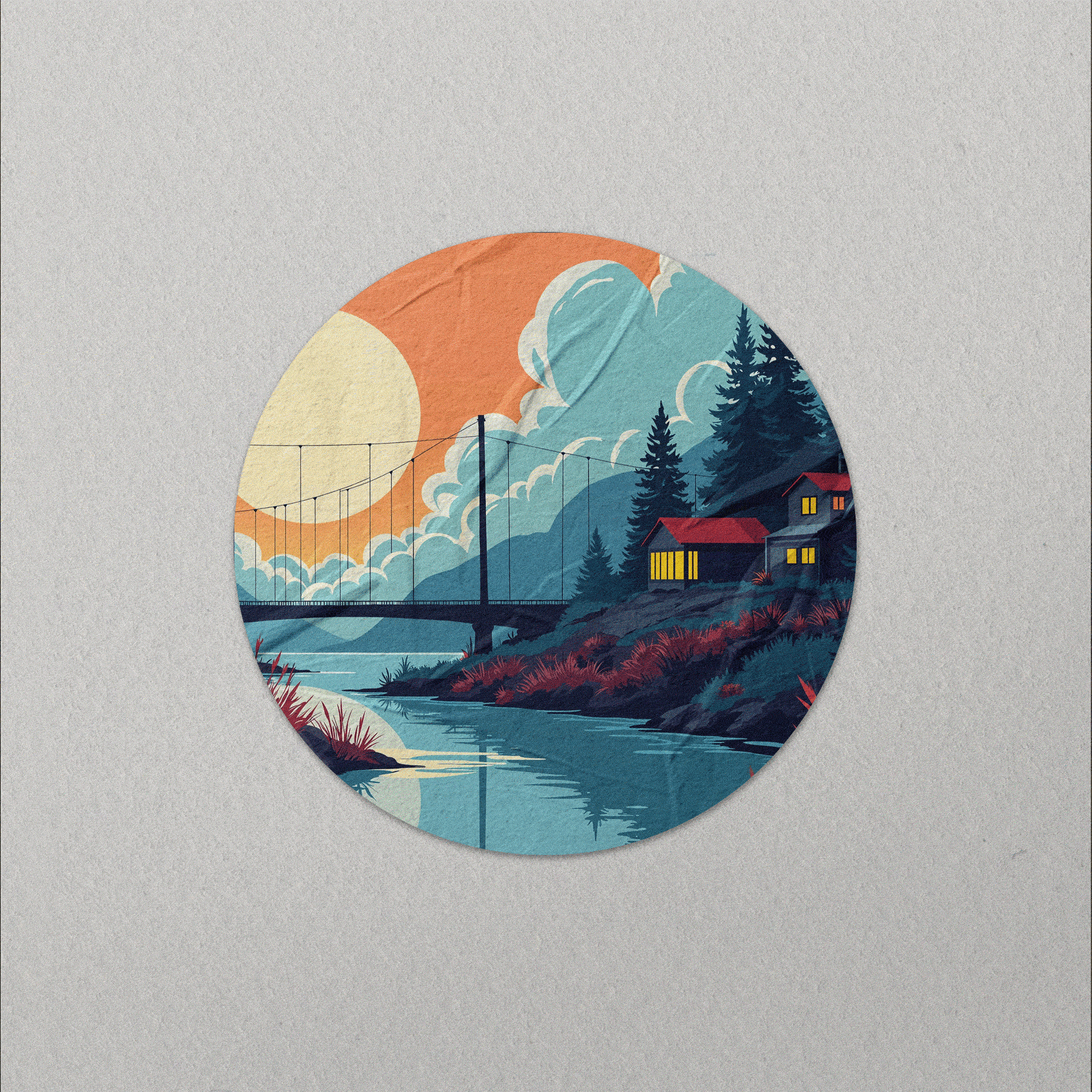 圆形风景插画贴纸